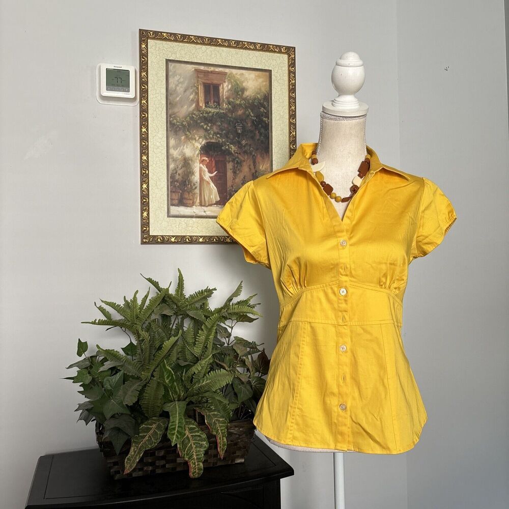 Banana Republic Women Cap Sleeve 97% Cotton Blouse‎ Yellow V-Neck M Open Front